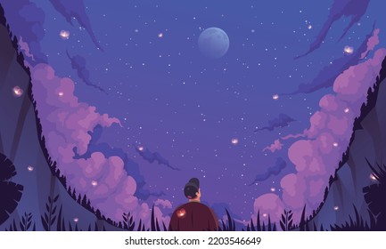 Night sky background with nature symbols flat vector illustration