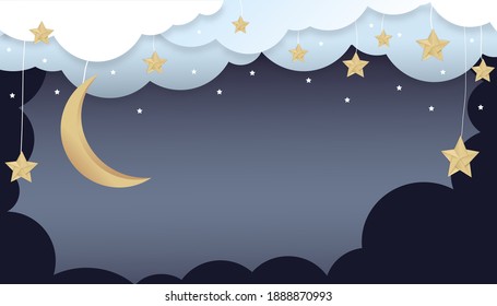 Night sky background, Paper art abstract origami cloudscape, crescent moon and stars,Vector illustrationPaper cut of  dark blue sky,Concept of dreamy with fantasy styling design backround for children