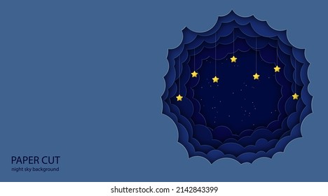 Night sky background with paper clouds and 3d stars. Vector illustration in paper cut and 3d cartoon style.