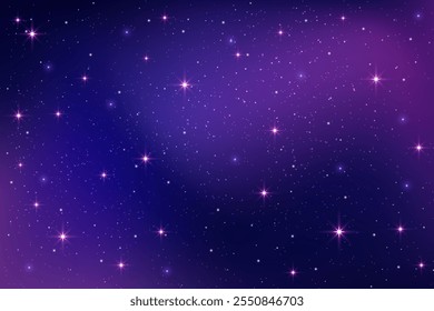 Night sky background. Purple starry space. Vector gradient galaxy with dark nebula. Magic blue and pink abstract cosmic sunset with sparkles and constellations. Dreamy celestial backdrop.