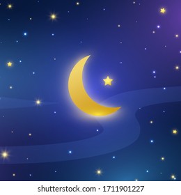 Night sky background. Ramadan Kareem festival banner. Half moon and stars in midnight. Blue shining space universe. Starry space wallpaper. Vector illustration.