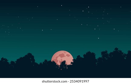 Night sky background with red moon and stars