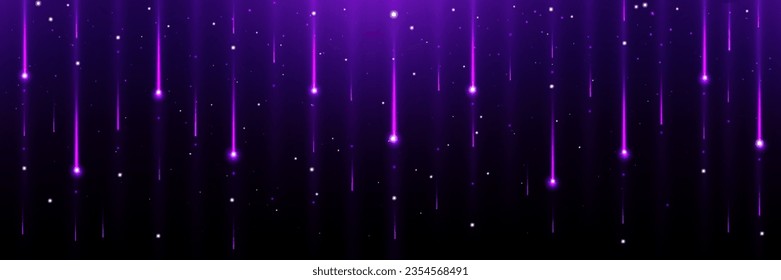 Night sky background with shooting stars. Vector realistic illustration of bright asteroid lights falling down with sparkling neon trails, magic fireballs flying at cosmic speed in space universe