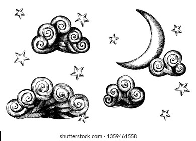 Night sky background sketch in medieval engraving style