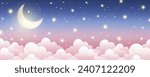 Night sky background. Starry dark gradient space. Crescent moon and clouds dreamy scene. Vector cute landscape panorama. Magic midnight illustration.