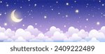 Night sky background. Starry dark gradient space. Crescent moon and clouds dreamy scene. Vector cute landscape panorama. Magic midnight illustration.