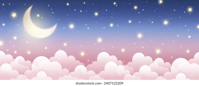 Night sky background. Starry dark gradient space. Crescent moon and clouds dreamy scene. Vector cute landscape panorama. Magic midnight illustration.