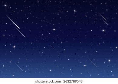 Fundo do céu noturno com estrelas e cometas. Espaço sideral da galáxia azul escuro com constelações com luz cósmica de cintilações. Magia astrologia vetor gradiente papel de parede. Realista natureza bela