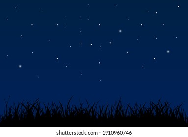 Night sky background with stars and grass silhouette