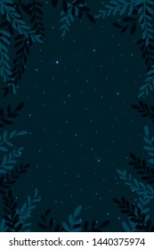Night sky background. Tops trees with star. Vector illustration.