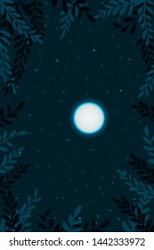 Night sky background. Tops trees with moon on sky and star. Vector illustration.