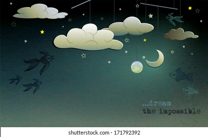 Night Sky Background - Whimsical Background With Cutout Clouds, Crescent Moon And Earth Orbiting Among The Fish