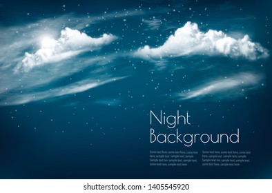 Fondo del cielo nocturno con nubes blancas y luna. Vector