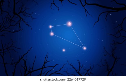 Night sky behind the croocked branches. Bright constellation in dark space. Vector illustration Sextans constellation