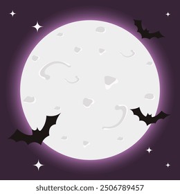 Cielo nocturno con luna grande y murciélagos negros. Anuncio de felicitación por Halloween. Vector ilustración de dibujos animados. No se utilizó inteligencia artificial para crear la ilustración.
