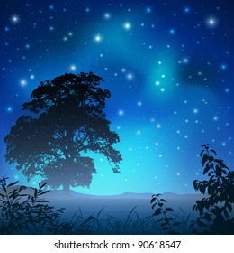 Un cielo nocturno con árboles grandes y estrellas