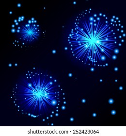 Night sky and blue fireworks. Vector illustration