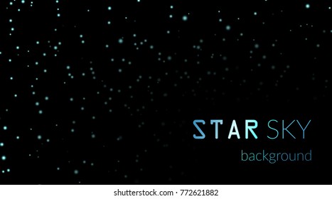 Night sky with blue stars on black background. Dark astronomy space template. Galaxy starry pattern for wallpaper. Shiny stars on night sky universe. Cosmos stars wallpaper Vector illustration