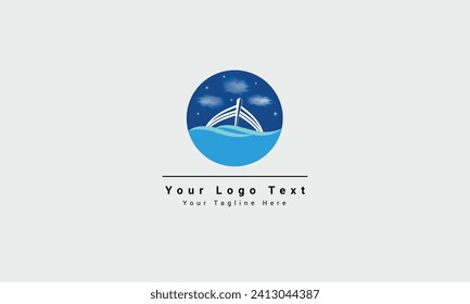 The Night Sky and Boat at sea logo, boat trip at night, Wooden sailing ship logo. Full moon sailboat icon