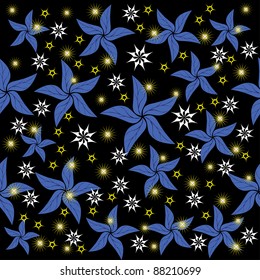 night sky with bright stars and abstract flowers. Illustration