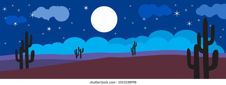 Night Sky With Cactus Desert , Starry Sky And Full Moon. Fantasy Lanscape. Vector Illustration