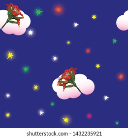 Night sky and calendula flowers in the clouds, texture, for a seamless option