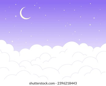 Nachts Himmelskartoon Hintergrund. Abendlandschaft mit zauberhaften, glänzenden Sternen und Wolken. Flache weiße Wolke und Mond, NaturVektorgrafik