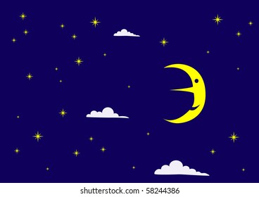 night sky with cartoon moon and stars