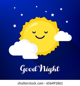 Night sky with cartoon sun, clouds and stars. Good Night card. Flat style. Vector.