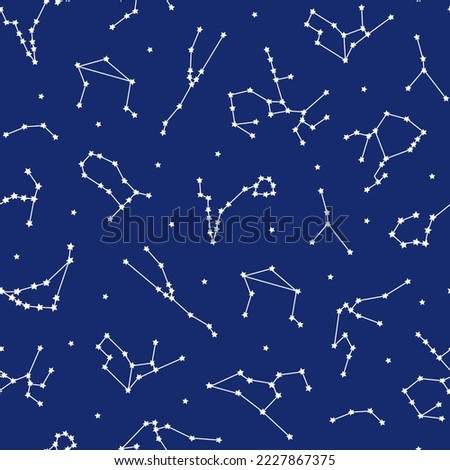 Night sky celestial constellation seamless pattern background. White stars astronomy, astrology horoscope zodiac signs on dark blue background texture. Mystic esoteric galaxy milky way pattern design.