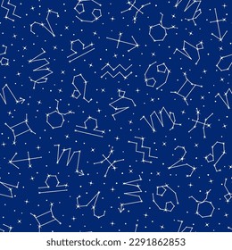 Night sky celestial constellations seamless pattern texture, astrological symbols. Astrological, horoscope symbols, constellations of sparkling stars on dark blue background vector illustration