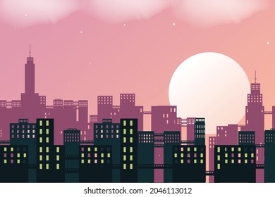 Night sky cirt background Vector art, moon, Night cityscape in flat style, abstract background EPS 10