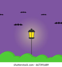 night sky city background.lamp and bat.vector illustration. halloween concept