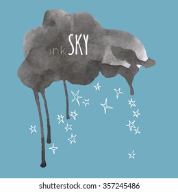 Night, sky, cloud, winter, stars, moon, snow, rain. Hand drawn vector illustration. Line art ink sketch. Watercolor abstract background. Mixed Media, paper cut. 