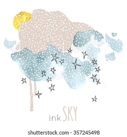 Night, Sky, Cloud, Winter, Stars, Sun, Moon, Snow, Rain. Hand Drawn Vector Illustration. Line Art Ink Sketch. Watercolor Abstract Background. Mixed Media, Paper Cut. 