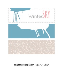 Night, sky, cloud, winter, stars, moon, snow, rain. Hand drawn vector illustration. Line art ink sketch. Watercolor abstract background. Mixed Media, paper cut. 