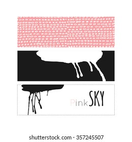 Night, sky, cloud, winter, stars, pink, snow, rain. Hand drawn vector illustration. Line art ink sketch. Watercolor abstract background. Mixed Media, paper cut. 
