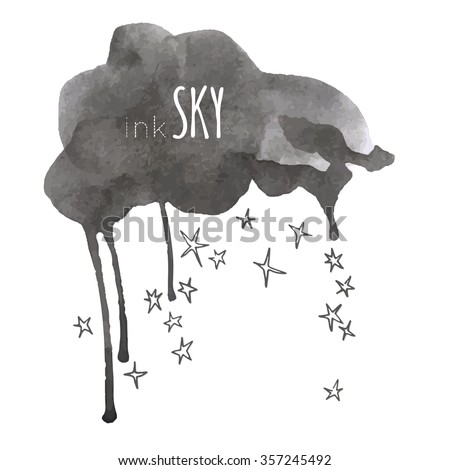 Night, sky, cloud, winter, stars, moon, snow, rain. Hand drawn vector illustration. Line art ink sketch. Watercolor abstract background. Mixed Media, paper cut. 