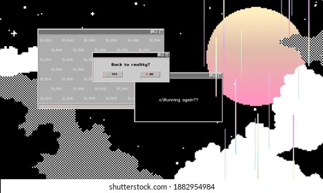 Night sky, clouds, big glow moon and stars with vintage OS message box for copy space, pixels art and glitch elements blank background illustration design, simple mono colour style, cute retro technol