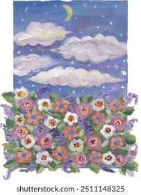 Nubes de cielo nocturno ilustración de jardín de flores acuarela Clipart diseño Fondo de pantalla de fondo
