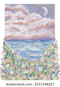 Noite céu nuvens flor jardim ilustração aquarela clipart design papel de parede fundo