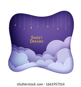 Night sky clouds frame like pillow with gold stars on rope in paper cut style. Cut out 3d backdrop with violet blue gradient cloudy landscape papercut art, vector card for wish good night sweet dreams