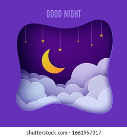 Night sky clouds frame like pillow with gold stars on rope and moon in paper cut style. Cut out 3d background with crescent and cloudy landscape papercut art. Vector card for wish sweet dreams.