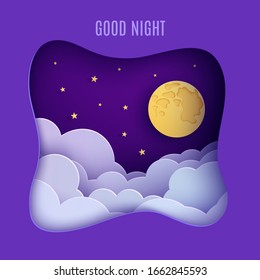 Night sky clouds frame like pillow in paper cut style. Cut out 3d background with violet and blue gradient cloudy landscape with gold stars and full moon papercut art. Cute vector origami clouds