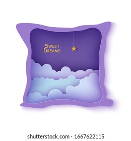 Night sky clouds frame like pillow with gold star on rope in paper cut style. Cut out 3d backdrop with violet blue gradient cloudy landscape papercut art. Vector card for wish sweet dreams good night