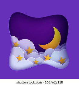 Nubes de cielo nocturno enmarcadas como almohada con estrellas doradas y luna en estilo cortado de papel. Recorte 3d fondo con arte de fondo de paisajes nubosos y en media luna.