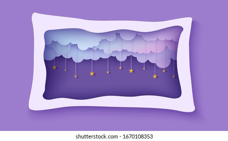 Night sky clouds frame like pillow with gold stars on rope in paper cut style. Cut out 3d backdrop with violet blue gradient cloudy landscape papercut art, vector card for wish sweet dreams good night