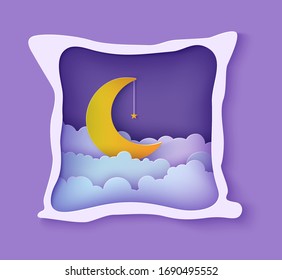 Nachts Himmelswolken wie Kissen mit goldenem Stern auf Seil und Mond im Papierschnitt-Stil. 3D-Hintergrund mit zreszenter und bewüblter Landschaft ausschneiden Paperschnitt Kunst. Gute Nacht süße Träume wünschen Vektorillustration Karte
