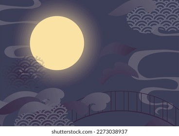 Night sky with clouds and full moon illustration for chinese valentine Qixi festival. Vector background.