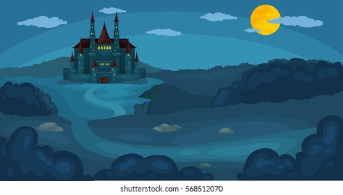 a night sky with clouds and full moon. Landscape of precipice with a scary dark tree and gothic style old castle. Vector illustration 